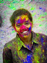 A joyful player competing with friends on a colorful online game platform.