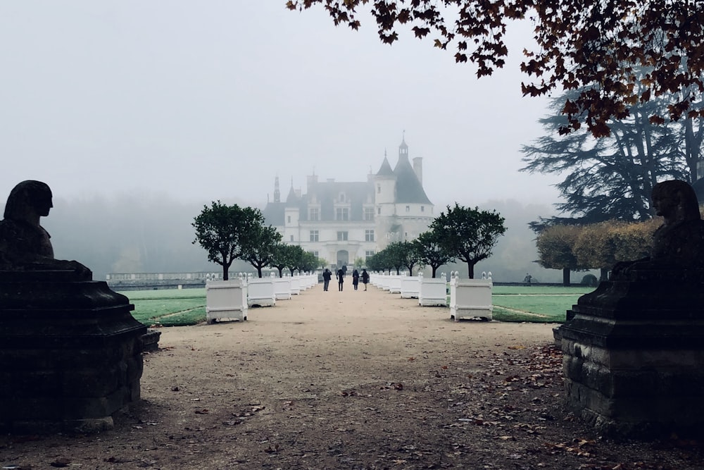 four person walking towards concrete house during foggy daytime