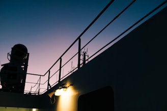 A security team on a ship deck scanning the horizon at dusk.