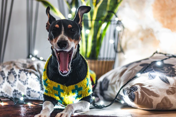 A cozy artisan workshop with colorful pet clothes hanging and a happy dog wearing a handmade outfit.