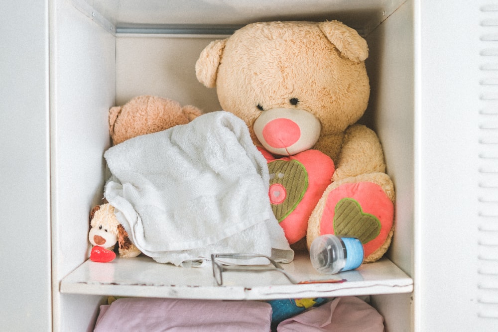 brown and pink teddy bear in white cabinet