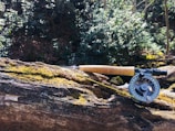 A fishing rod laid on a moss-covered fallen tree trunk in a lush forest setting. The rod has a wooden handle and the reel is prominently visible. Sunlight filters through the trees, highlighting some areas of the scene.
