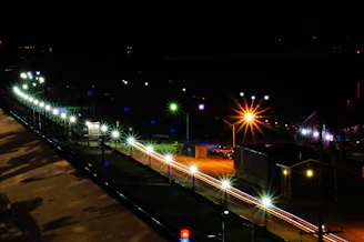 A nighttime cityscape with streetlights casting long shadows.