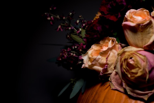 A close-up of a floral arrangement featuring dried roses with faded pink and orange petals. Darker flowers and green leaves are visible in the background, creating a contrast with the predominantly dark background.