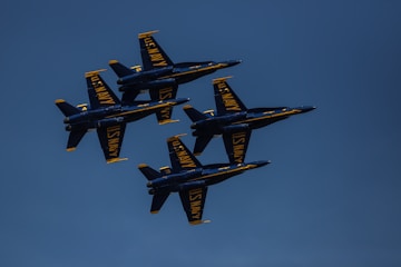 four black and yellow jet fighters
