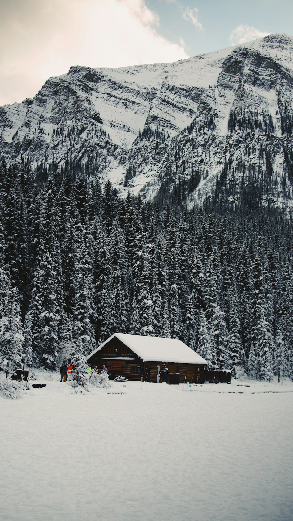 snow-covered brown wooden cabin