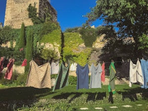 Colorful laundry hangs on a clothesline stretched across a grassy yard. In the background, an old stone building covered in lush green ivy complements the clear blue sky. Tall trees and shrubs frame the scene, casting soft shadows on the ground.