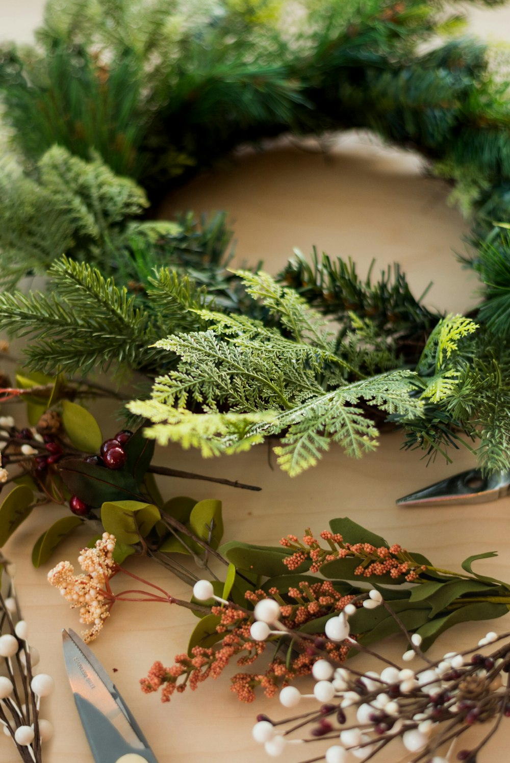 Christmas wreath on brown surface