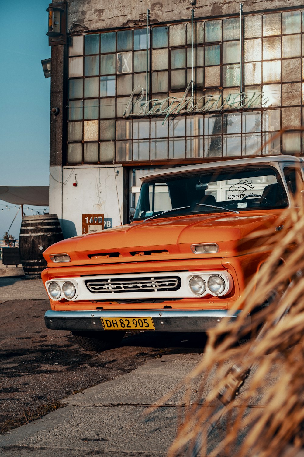 parked orange vehicle