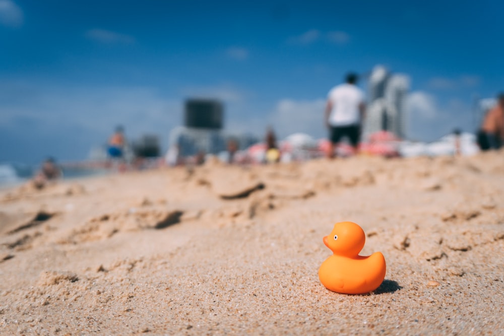 orange rubber ducky on brown sand