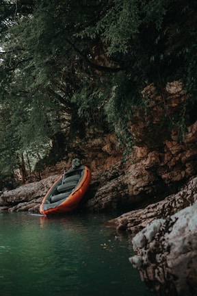 orange inflatable raft on brown stone under green tree
