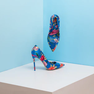 pair of blue-and-pink floral almond-toe pumps