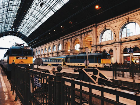 two black-and-yellow trains on train station