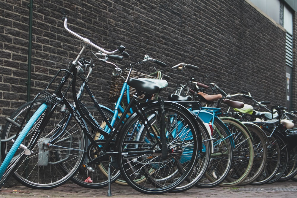 assorted city bikes parked near wall