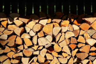 A large stack of neatly arranged firewood logs with visible tree rings, each piece showcasing different shades of brown and some with rough texture. The logs are set against a dark background, creating a contrast between light and shadow.