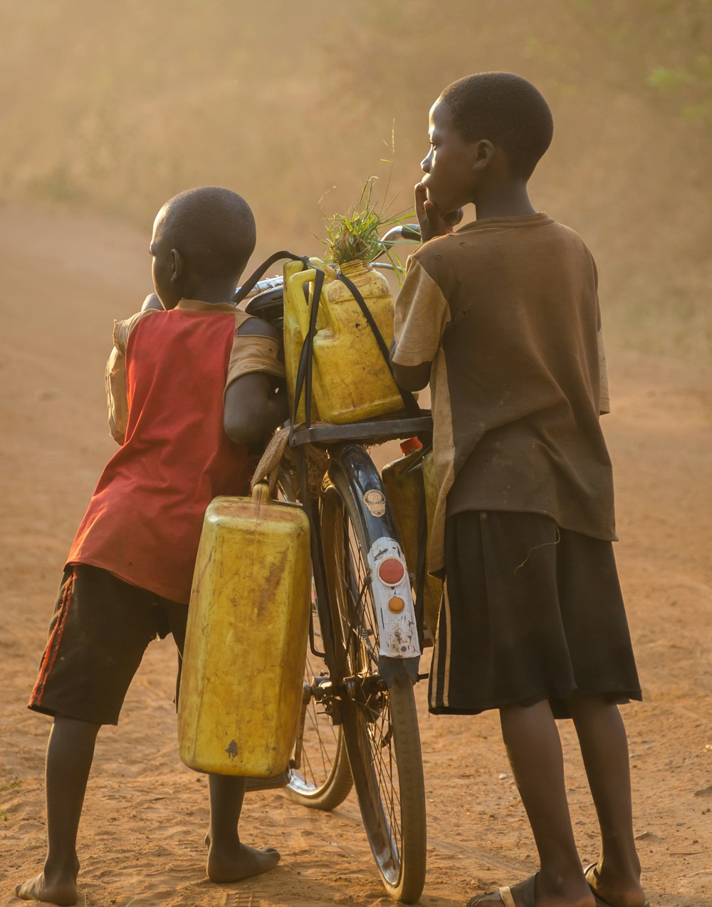 two boys beside bicycle