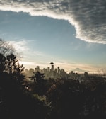 Seattle’s skyline with the Space Needle standing tall against a cloudy sky.