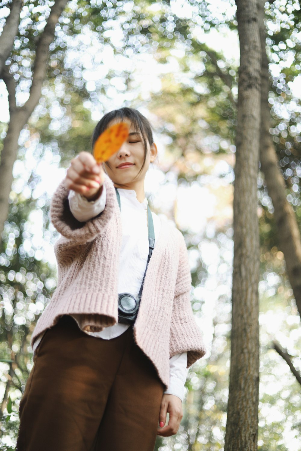 woman wearing sweater, white long-sleeved shirt and brown pants holding brown leaf