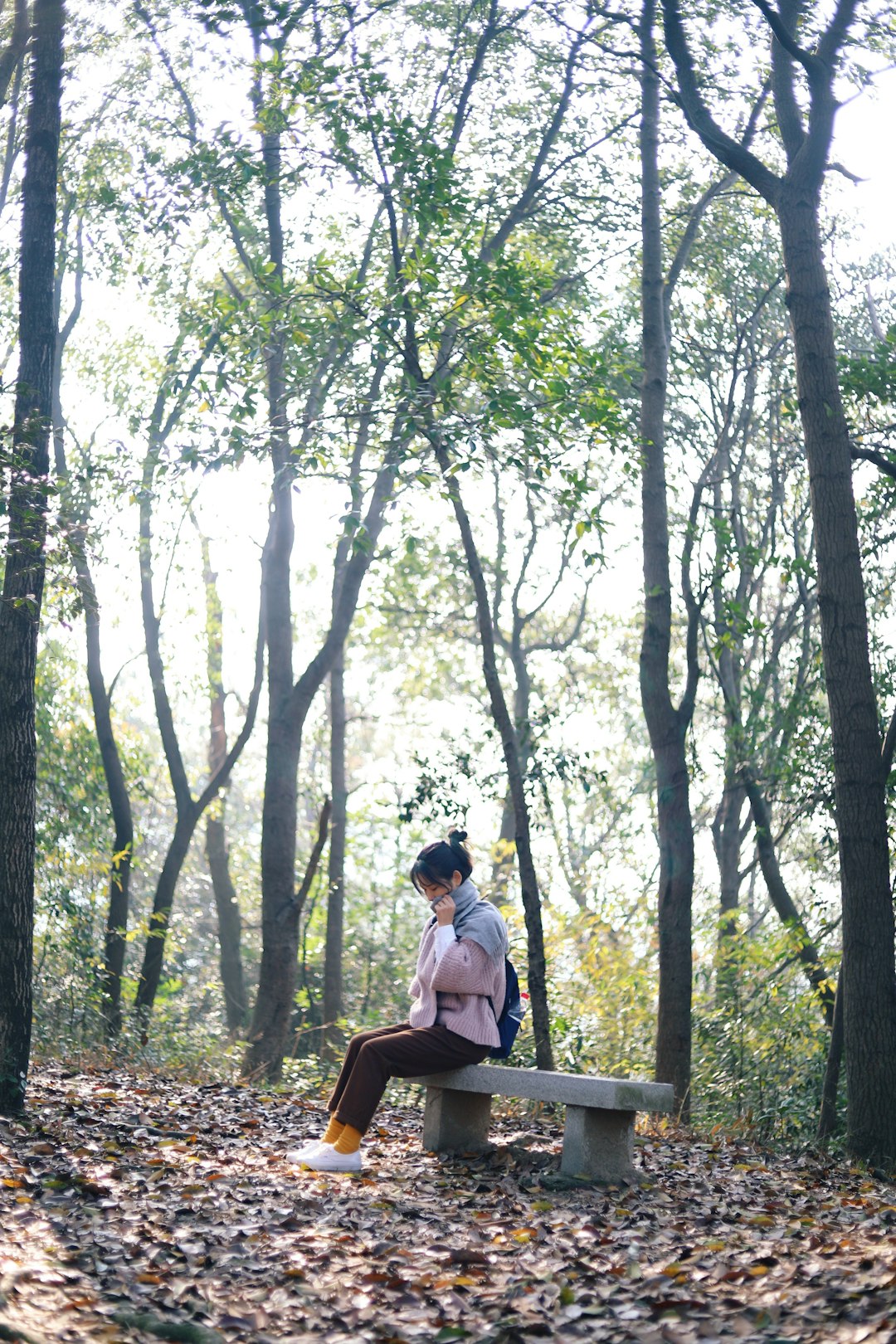 woman sitting on concrete bench in forest