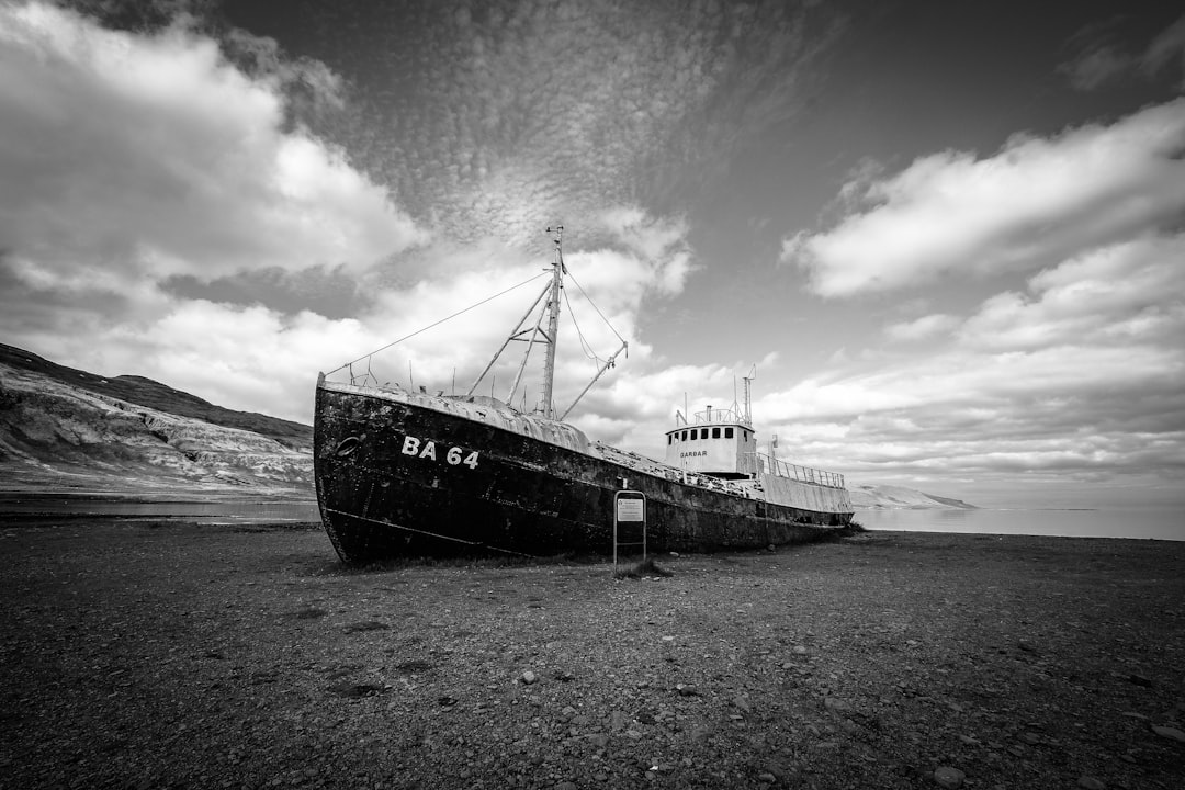 boat in land grayscale photography