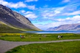 Travelers enjoying a quiet lakeside picnic surrounded by green hills.
