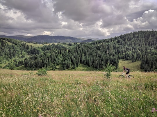 woman riding bicycle in green grass field in Muntele Bocului Romania