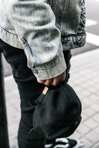 A casual outfit laid out: denim jacket, sneakers, and a cap with graffiti background.