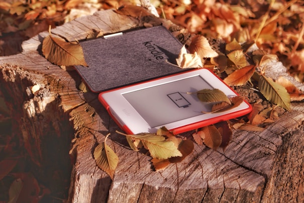 An electronic reading device with a red border lies on a tree stump surrounded by autumn leaves. The screen displays a low battery icon. The cover of the device, labeled 'Kindle,' is open, and more leaves are scattered on the stump, creating a rustic, outdoor setting.