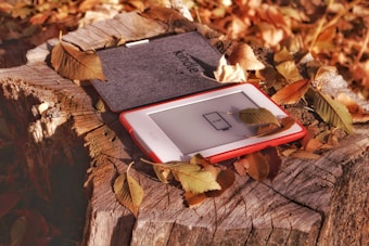 An electronic reading device with a red border lies on a tree stump surrounded by autumn leaves. The screen displays a low battery icon. The cover of the device, labeled 'Kindle,' is open, and more leaves are scattered on the stump, creating a rustic, outdoor setting.