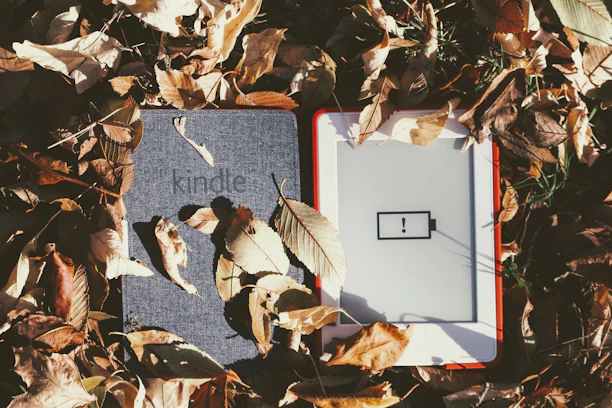 A Kindle device is surrounded by fallen autumn leaves. The e-reader is on the right with a low battery symbol displayed on its screen. The cover is closed on the left, blending with the leaves.