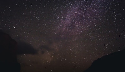 A vast night sky filled with countless stars, offering a glimpse of the Milky Way Galaxy. The dark silhouettes of mountains frame the bottom of the scene, creating a sense of depth and contrast. The stars vary in brightness, with some areas appearing denser with celestial bodies, hinting at distant nebulae and cosmic clouds.