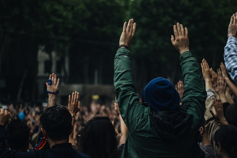 people raising both hands under shade of tree at daytime