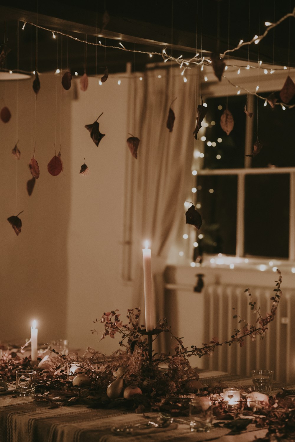 lighted candles on table