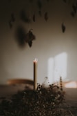 An artistic shot of a candle surrounded by soft silk fabric and dried flowers.