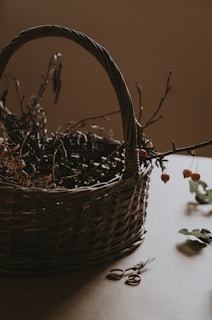 brown woven basket with dried plant