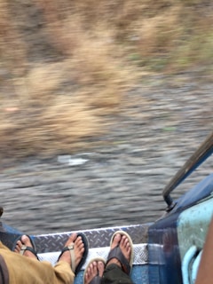 Two people are sitting with their feet shown on the edge of a moving rail vehicle. The blurred background shows dried vegetation and gravel, indicating motion.