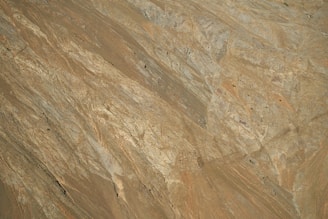 The image captures a close-up view of a rocky terrain with rugged, textured surfaces. The rocks seem to have a variety of shades, from light brown to dark gray, and display natural patterns and formations. Sparse patches of vegetation appear in some areas.