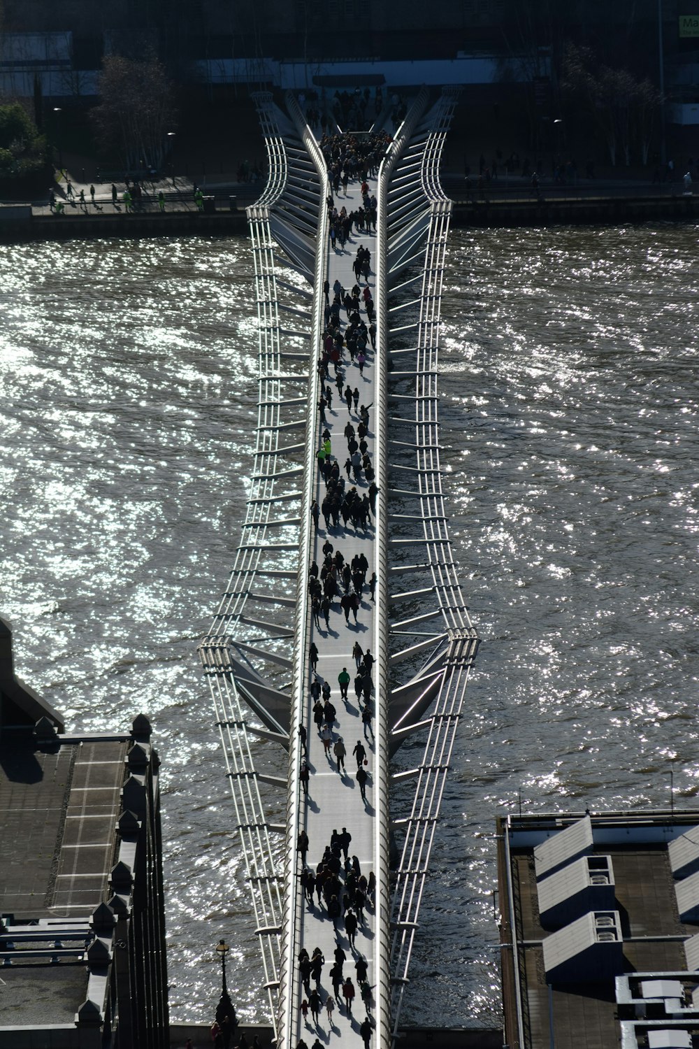 people on grey metal bridge