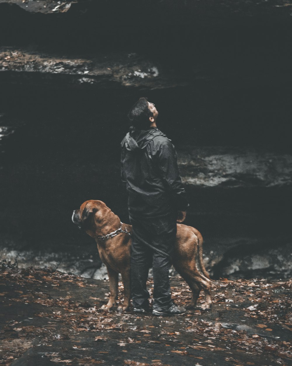 man standing beside dog near rock