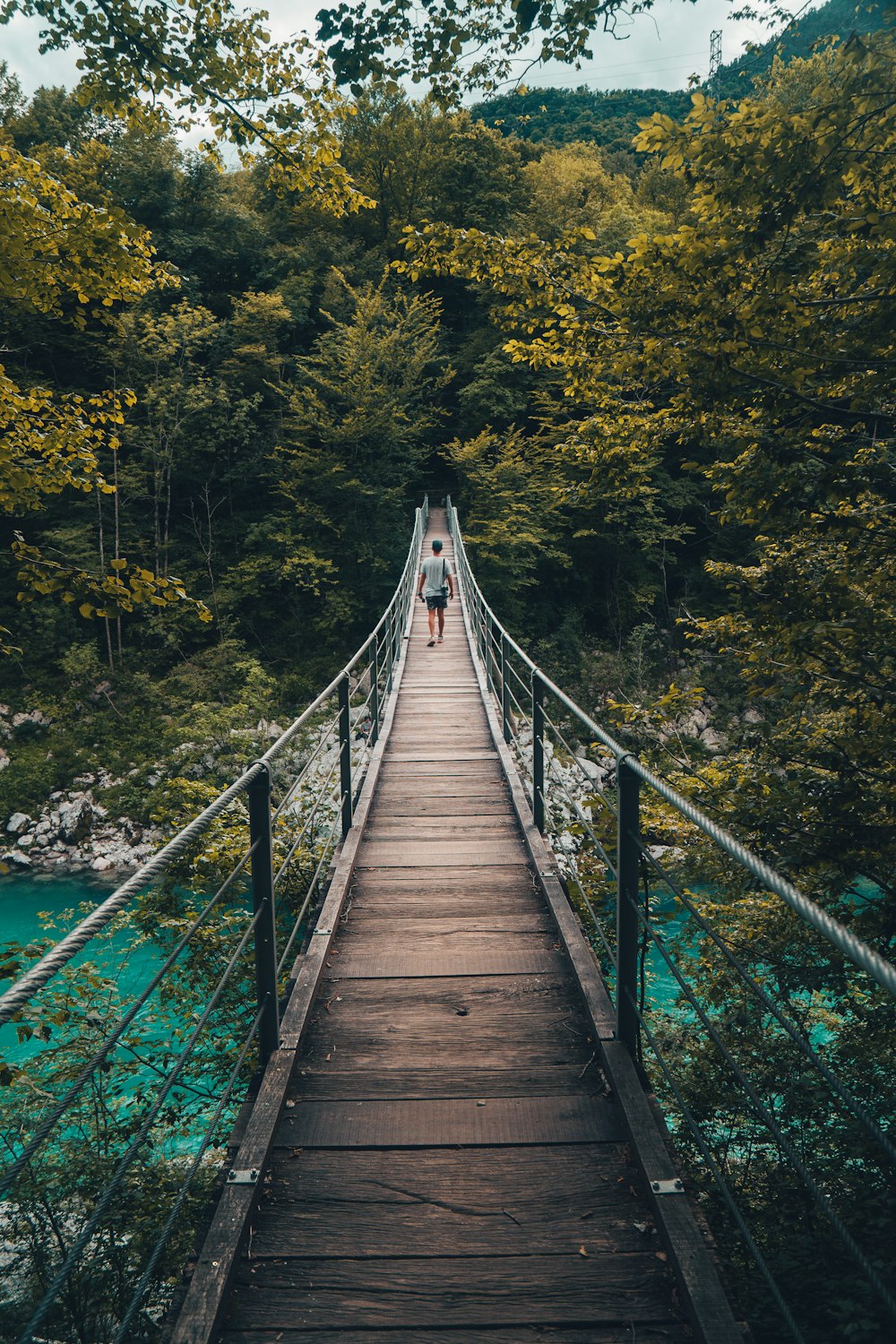 person walking on bridge