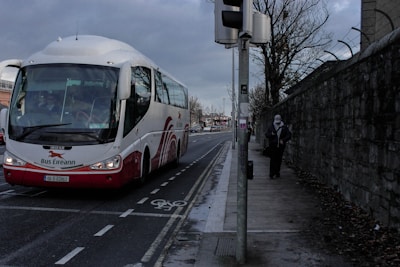 A bus marked with 'Bus Éireann' is traveling on a road with designated bicycle lanes. The sky is overcast, and there is a leafless tree on the right-hand side near a stone wall. A person is walking on the sidewalk near a traffic light pole.