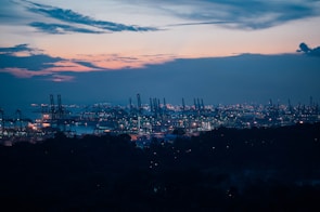 A bustling port with containers and cranes silhouetted against a sunset sky.