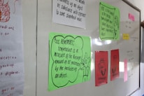 A classroom whiteboard with colorful educational posters and notes. Each poster contains scientific text, with some featuring illustrations or diagrams. Notes are written in various colors, including green, red, and pink papers pinned to the board. A hand is partially visible, suggesting interaction with the board.