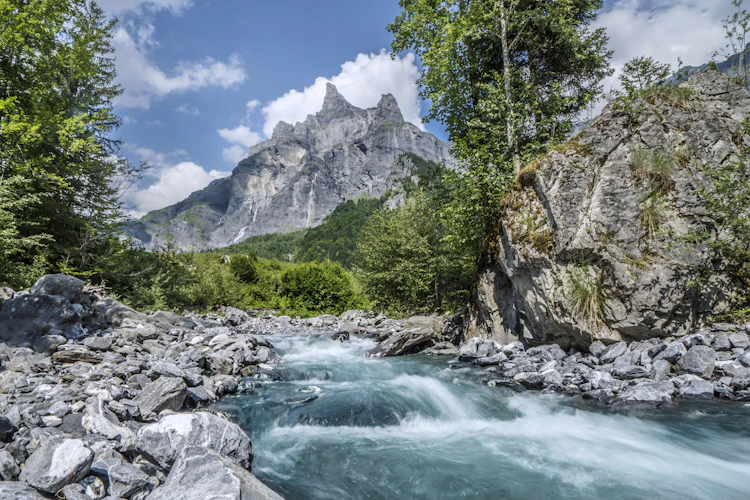 A small, sunny high-country creek tumbling under a granite peak — the kind of forgiving water a kid should start on