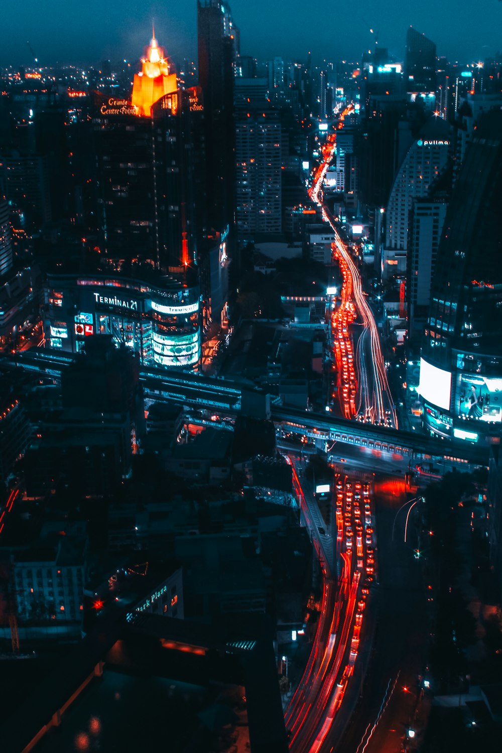 aerial view of buildings during nighttime