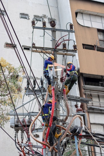 Two skilled workers from 2 brothers travaux collaborating on an electrical installation.