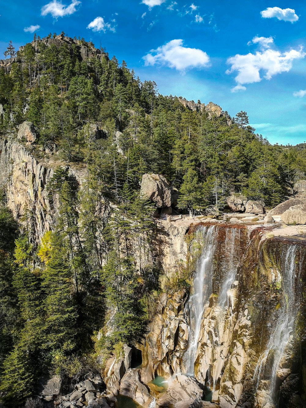 waterfalls under blue sky