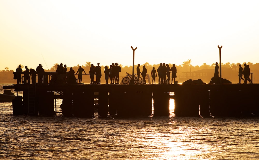 people standing and walking on beach dock near calm sea