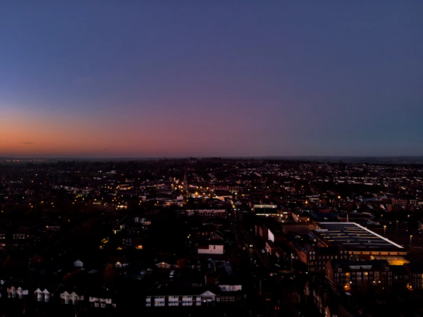 A panoramic view of an urban skyline at dusk, symbolizing global connections.