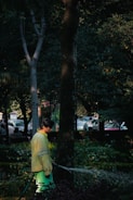 Young volunteers watering newly planted trees in a park.